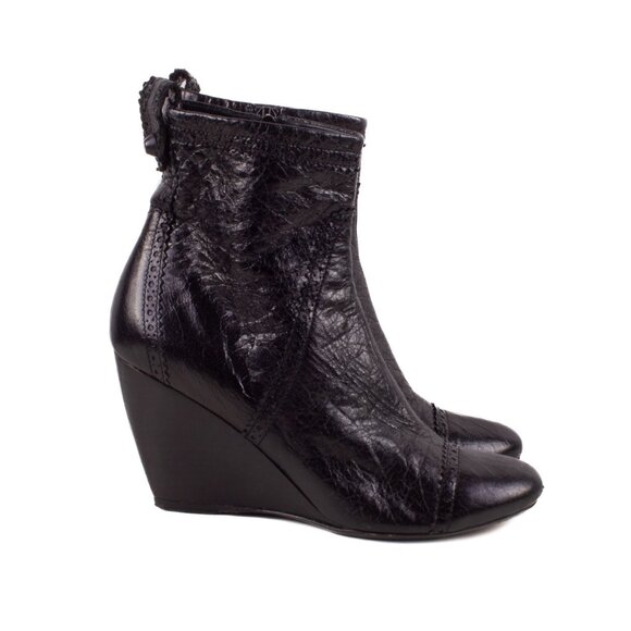 BALENCIAGA black crinkle leather wedge heel ankle boots booties